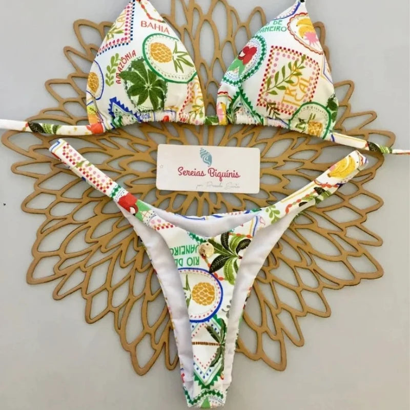 Conjuntos de Bikini sexys con estampado, Tops con cordones y cuello Halter, tangas, traje de baño estilo playero Y2k, trajes de baño para mujer, ropa de playa Куshenльник Ж Salahdhe 2025