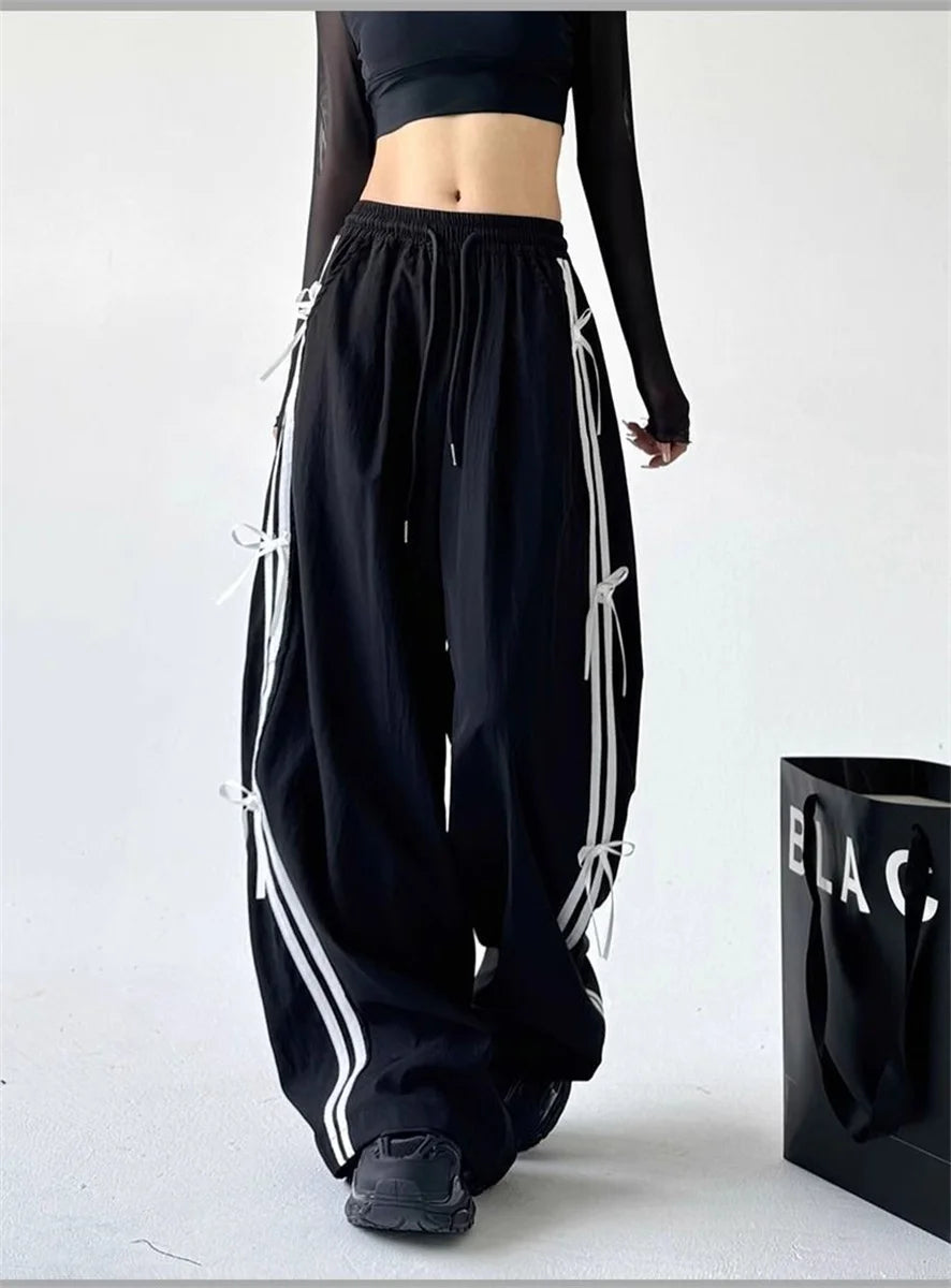 Pantalones de pierna ancha con lazo a rayas laterales Retro para mujer, pantalones deportivos informales de cintura alta, pantalones Cargo Harajuku, ropa de calle, Joggers de Hip Hop