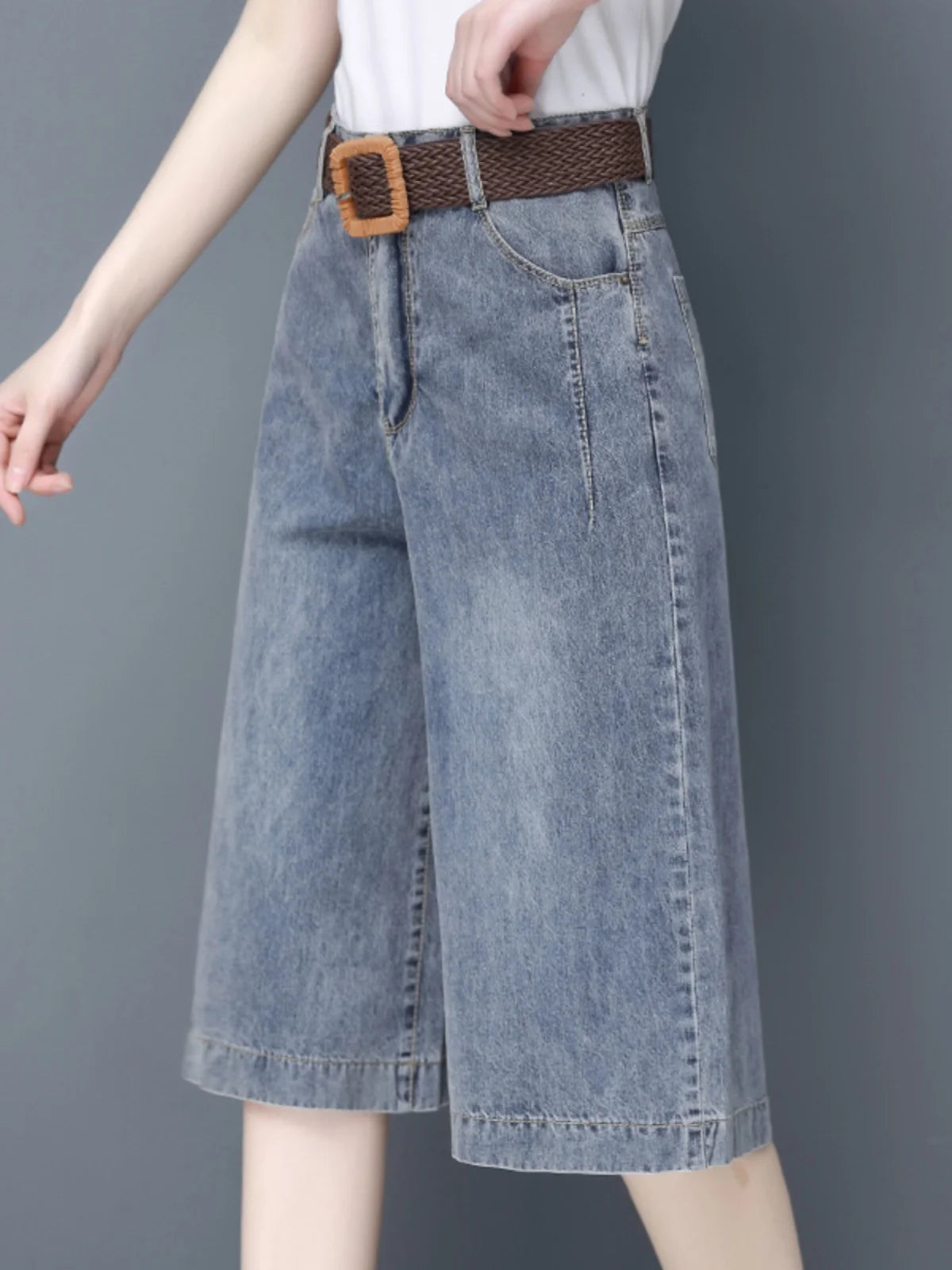 Plones vaqueros de pierna ancha de cintura alta para mujer, novedad de verano, estilo fino, cinco-siete, sueltos, adeaz...