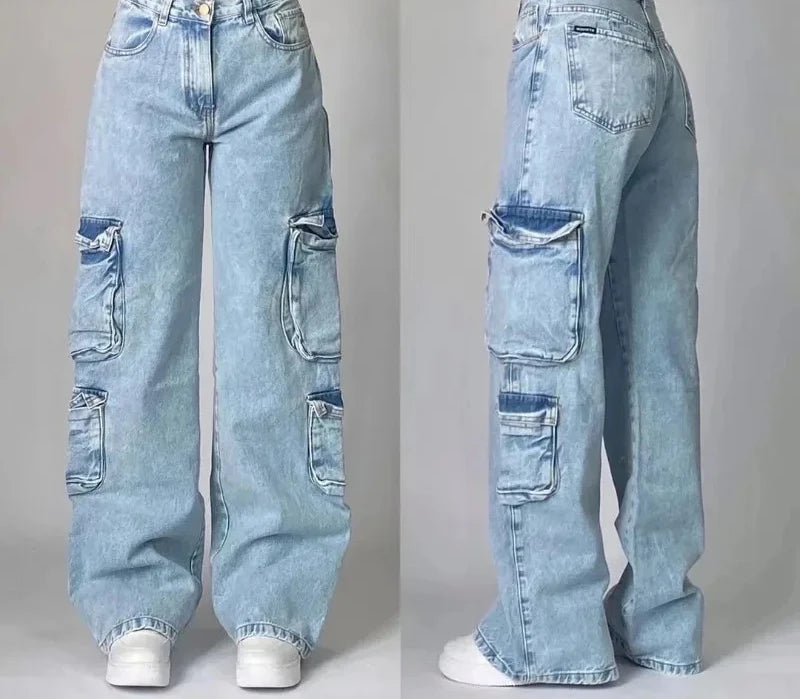 Pantalones vaqueros Vintage para hombre y mujer, Jeans anchos de cintura alta, varios bolsillos, azul lavado, Y2K, Harajuku, calle, nuevo