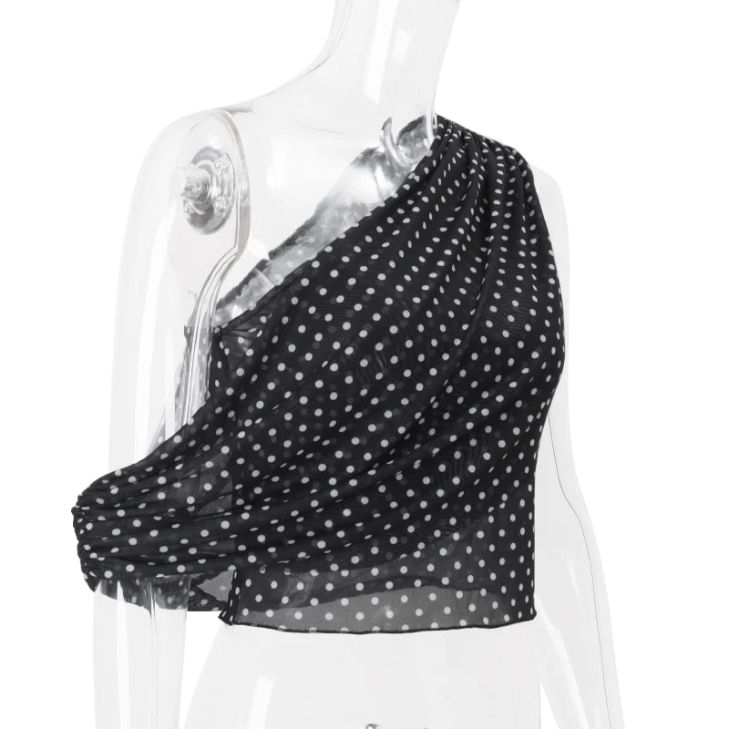 WhereMery Vintage lunares sin mangas Slim Crop Tops Y2K Sexy hombro inclinado chaleco de mujer 2025 verano Casual Fiesta Club Camis