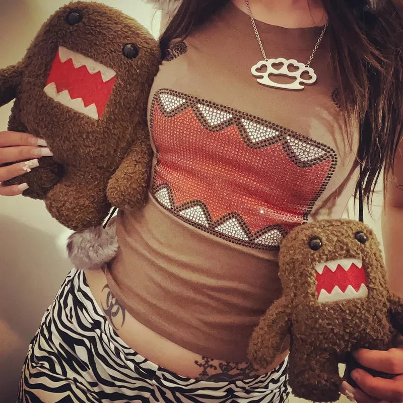 2025 verano nuevas mujeres Y2K chica Retro Hot Fix aplicación de diamantes de imitación cuello redondo Top camiseta divertida Vintage Tama Jun Top