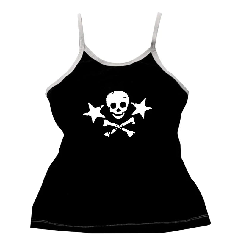 Y2k-pantalones cortos con estampado de calavera para mujer, ropa de calle con gráfico gótico, camisola Vintage de Hip Hop sin mangas, Top corto Sexy Harajuku Punk oscuro