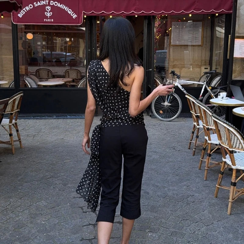 WhereMery Vintage lunares sin mangas Slim Crop Tops Y2K Sexy hombro inclinado chaleco de mujer 2025 verano Casual Fiesta Club Camis