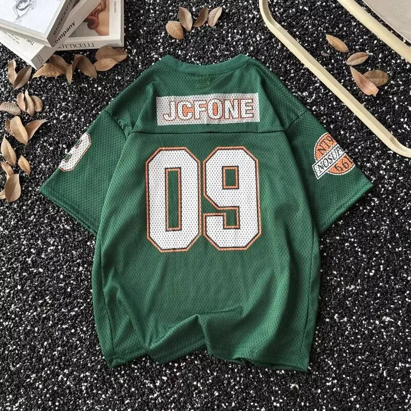 Camiseta de béisbol de manga corta con cuello en V de estilo americano, Top Retro deportivo holgado de verano para hombres y mujeres