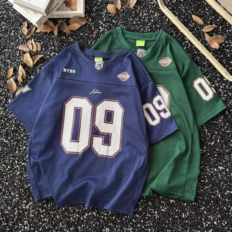 Camiseta de béisbol de manga corta con cuello en V de estilo americano, Top Retro deportivo holgado de verano para hombres y mujeres