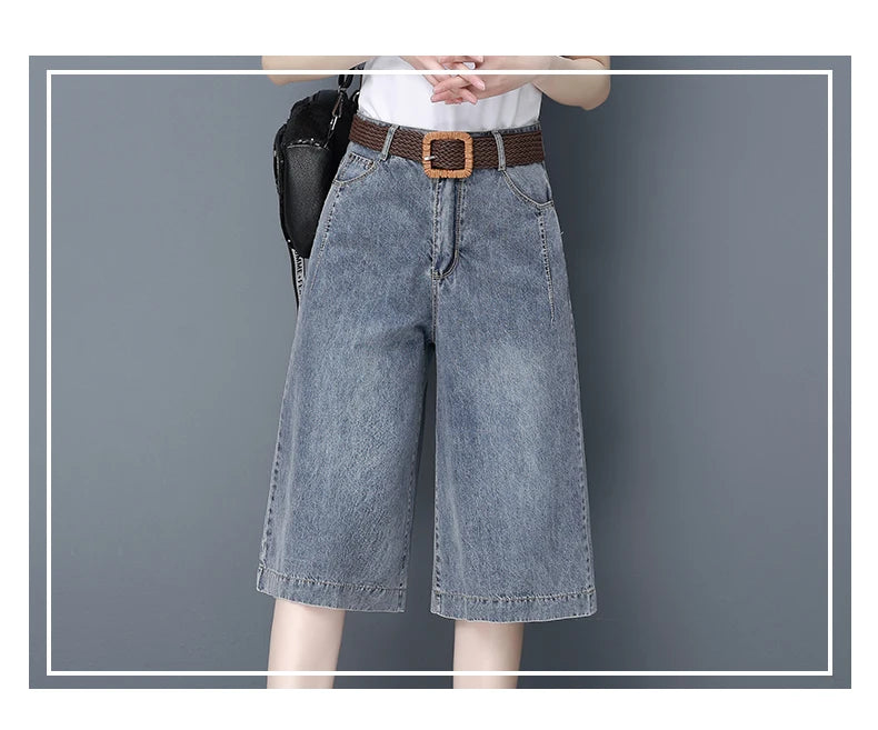 Plones vaqueros de pierna ancha de cintura alta para mujer, novedad de verano, estilo fino, cinco-siete, sueltos, adeaz...