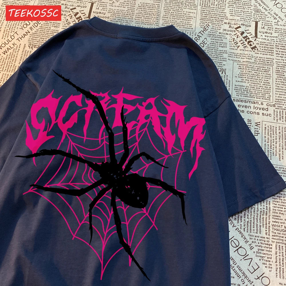 Camisetas informales de algodón para mujer, Tops con estampado de telarañas y grito, ropa femenina de moda de manga corta suave con cuello redondo de gran tamaño