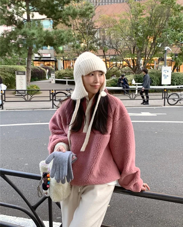 Suda de Terciopelo de Cordero para Mujer, Estilo Hoado y Casual, Cuello Alto, Abrigo Cálido de Manga Larga, Versión Cor...