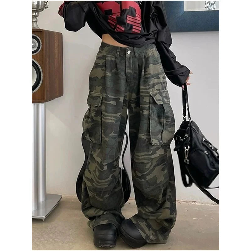 Pantalones vaqueros verdes militares para mujer, pantalones vaqueros holgados rectos Vintage de cintura alta Y2K, pantalones vaqueros de pierna ancha a la moda americana de Hip Hop