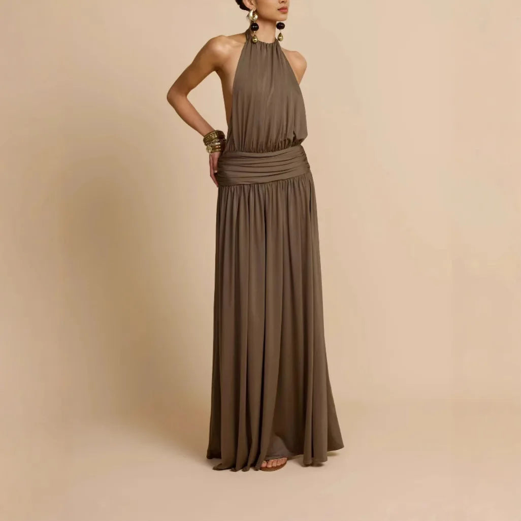 Ropa de mujer europea y americana 2025, novedad de verano, vestido largo plisado con cuello y espalda descubierta, vestido con temperamento