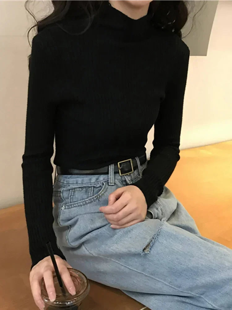 AOSSVIAO 2025 elegante Otoño Invierno suéter mujeres jerseys de manga larga Casual cuello alto cálido básico suéter de punto Jumpers Top YUNO STUDIOS