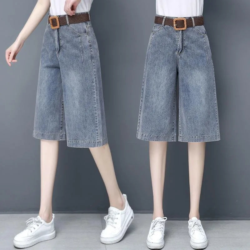 Plones vaqueros de pierna ancha de cintura alta para mujer, novedad de verano, estilo fino, cinco-siete, sueltos, adeaz...