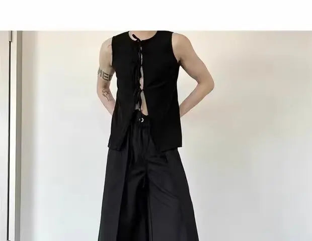 Pantalones japoneses en capas de vanguardista para hombre, pantalones Hakama Y2k de pierna ancha, ropa de calle estética oscura, ropa de gran tamaño YUNO STUDIOS