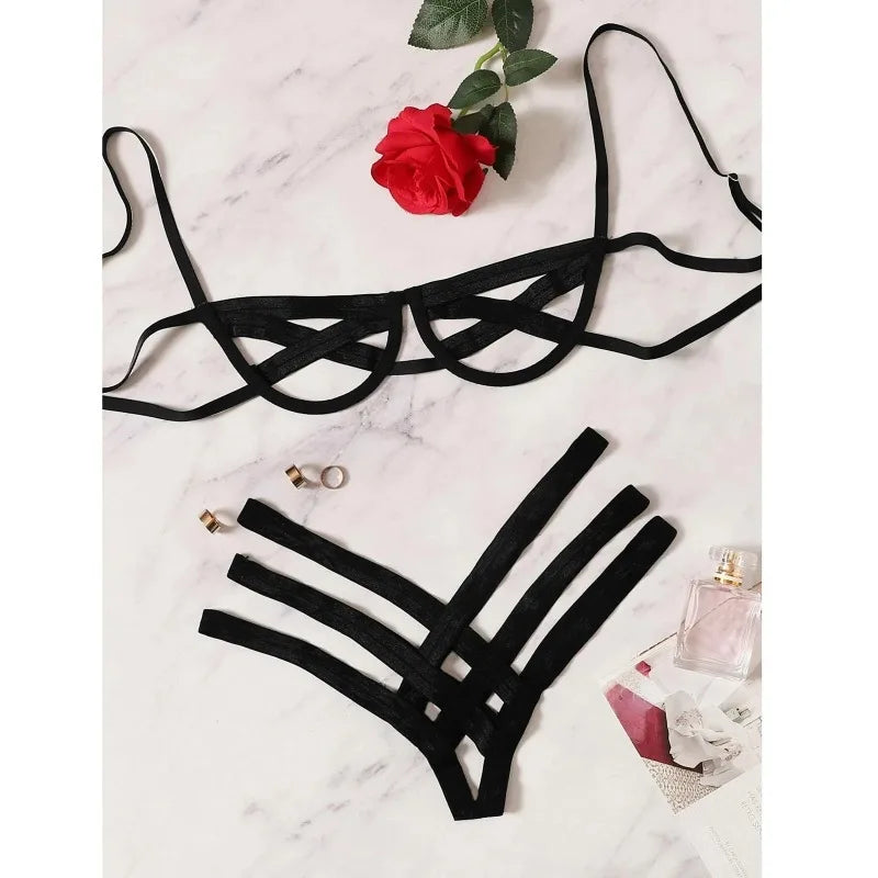 Conjunto de lencería con arnés Bondage para mujer, conjuntos de sujetador calado elástico, sujetador de jaula sin copas negro, Tanga, ropa interior íntima Sexy exótica