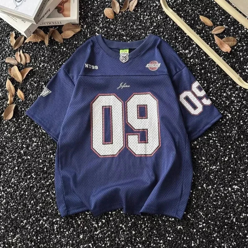 Camiseta de béisbol de manga corta con cuello en V de estilo americano, Top Retro deportivo holgado de verano para hombres y mujeres