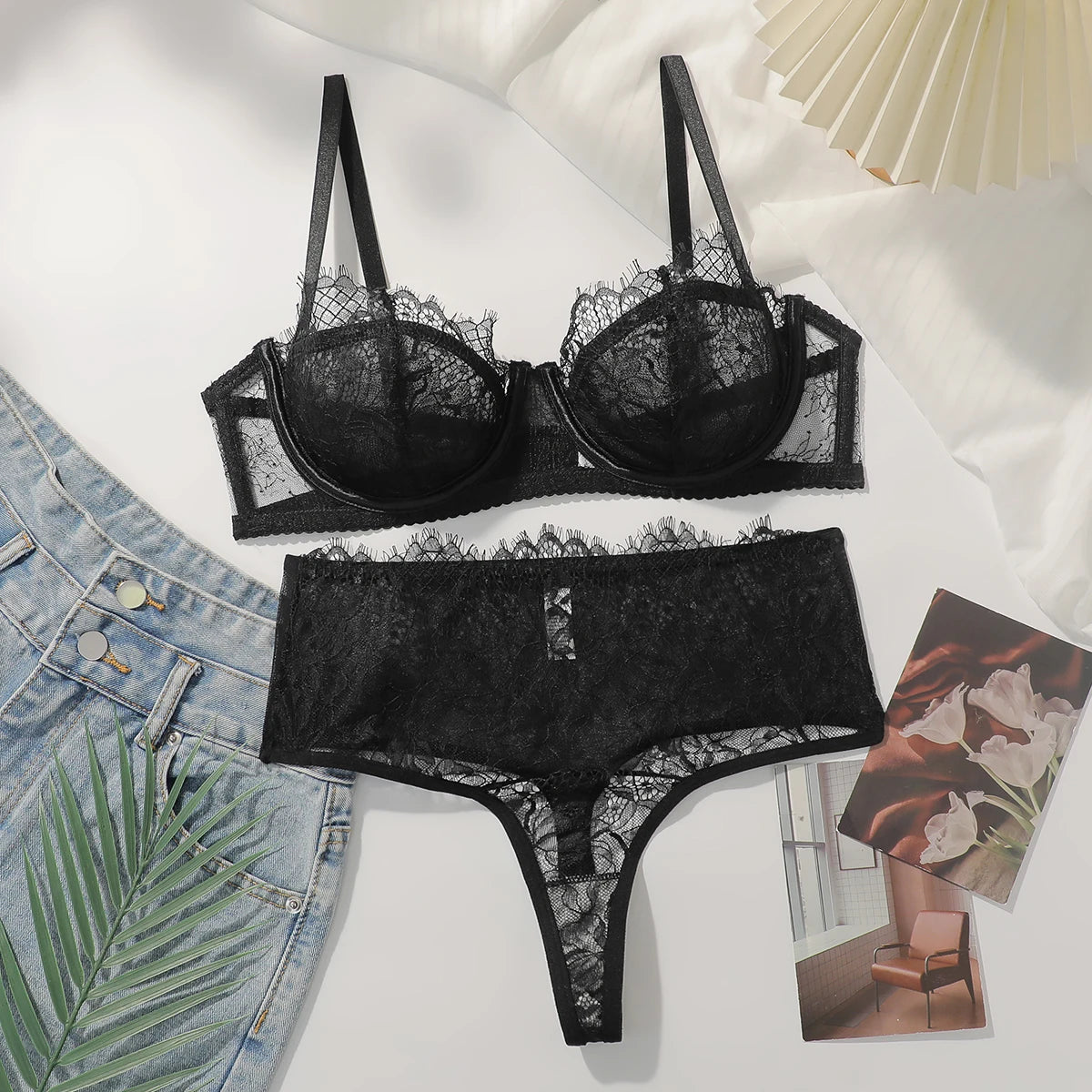 Conjunto de lencería transparente ultrafina de encaje negro de 2 piezas, conjunto sexy de color sólido, sujetador para mujer, Tanga de fiesta, ropa interior MR3406