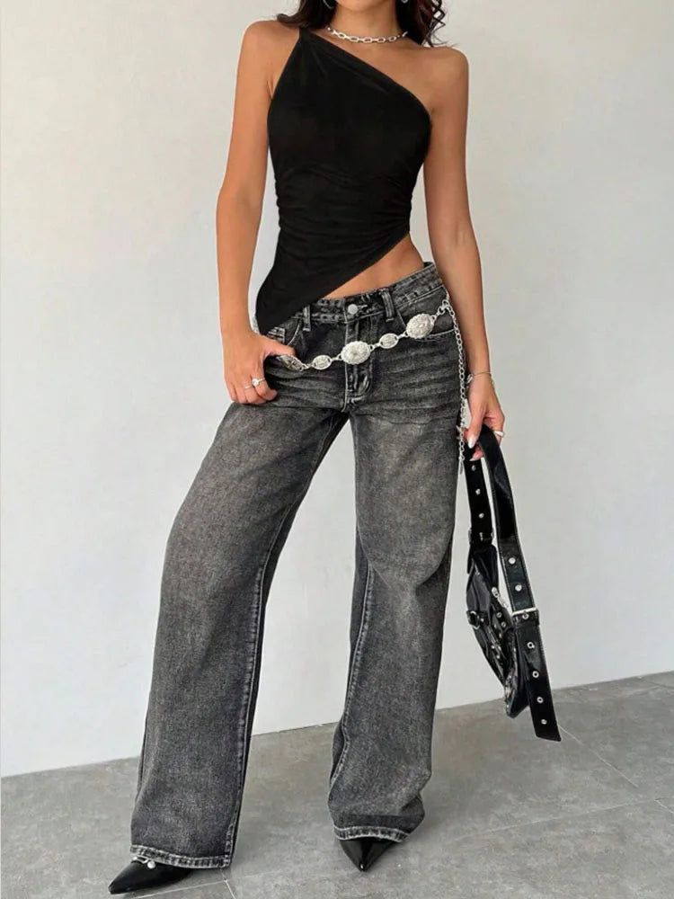 2025 nueva camiseta informal de moda para mujer Color sólido un solo hombro asimétrico ajustado Top cuello de una sola pieza YUNO STUDIOS