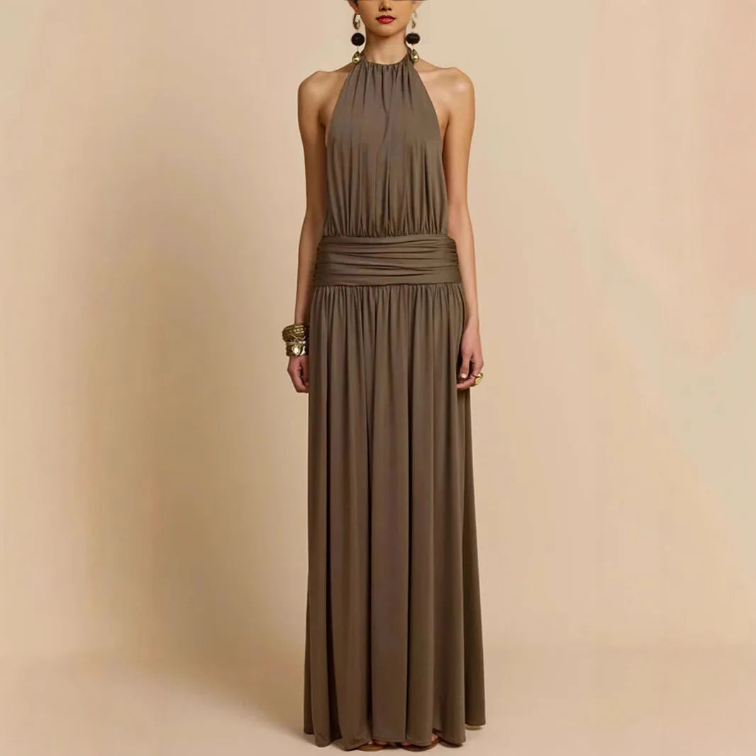 Ropa de mujer europea y americana 2025, novedad de verano, vestido largo plisado con cuello y espalda descubierta, vestido con temperamento