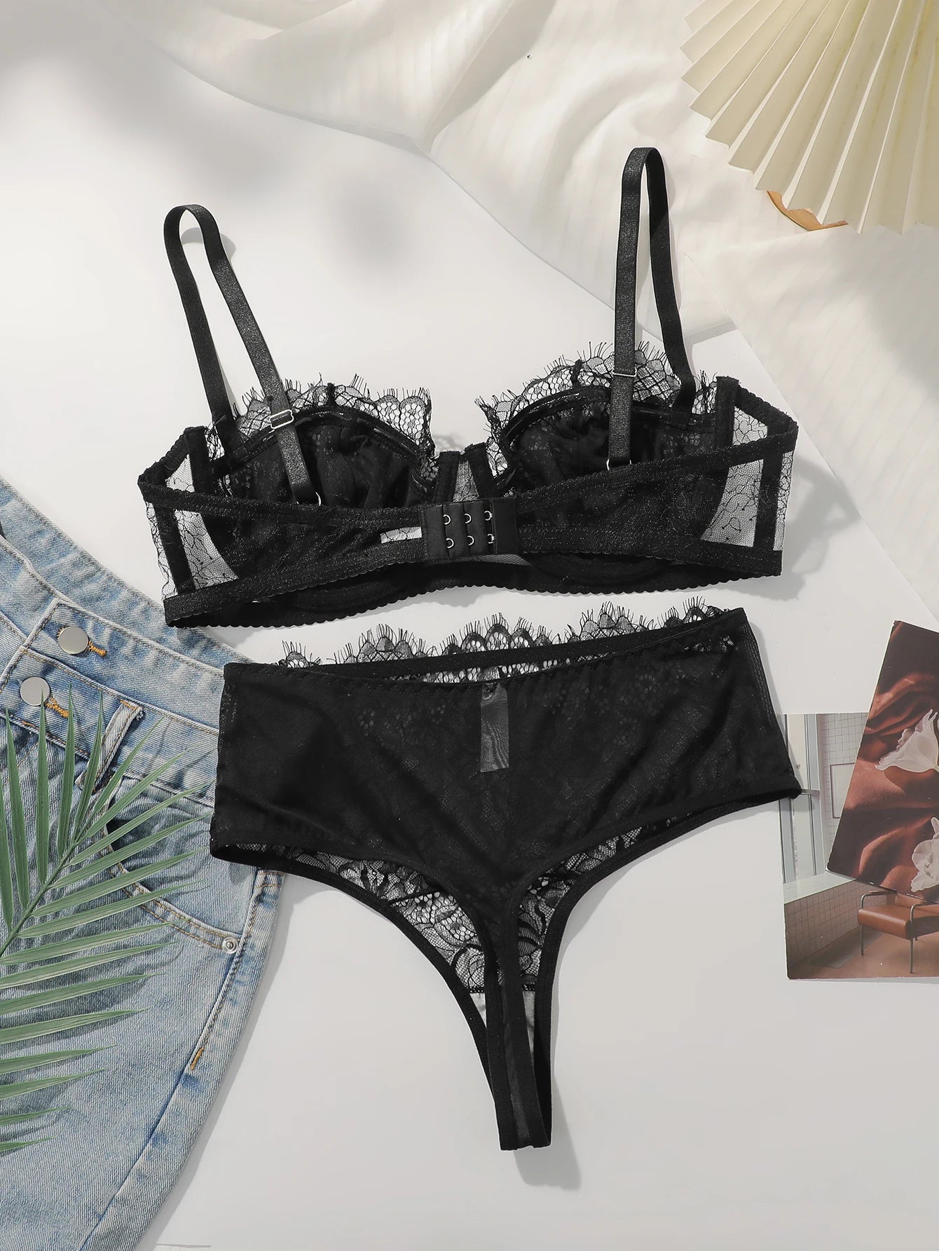 Conjunto de lencería transparente ultrafina de encaje negro de 2 piezas, conjunto sexy de color sólido, sujetador para mujer, Tanga de fiesta, ropa interior MR3406 YUNO STUDIOS