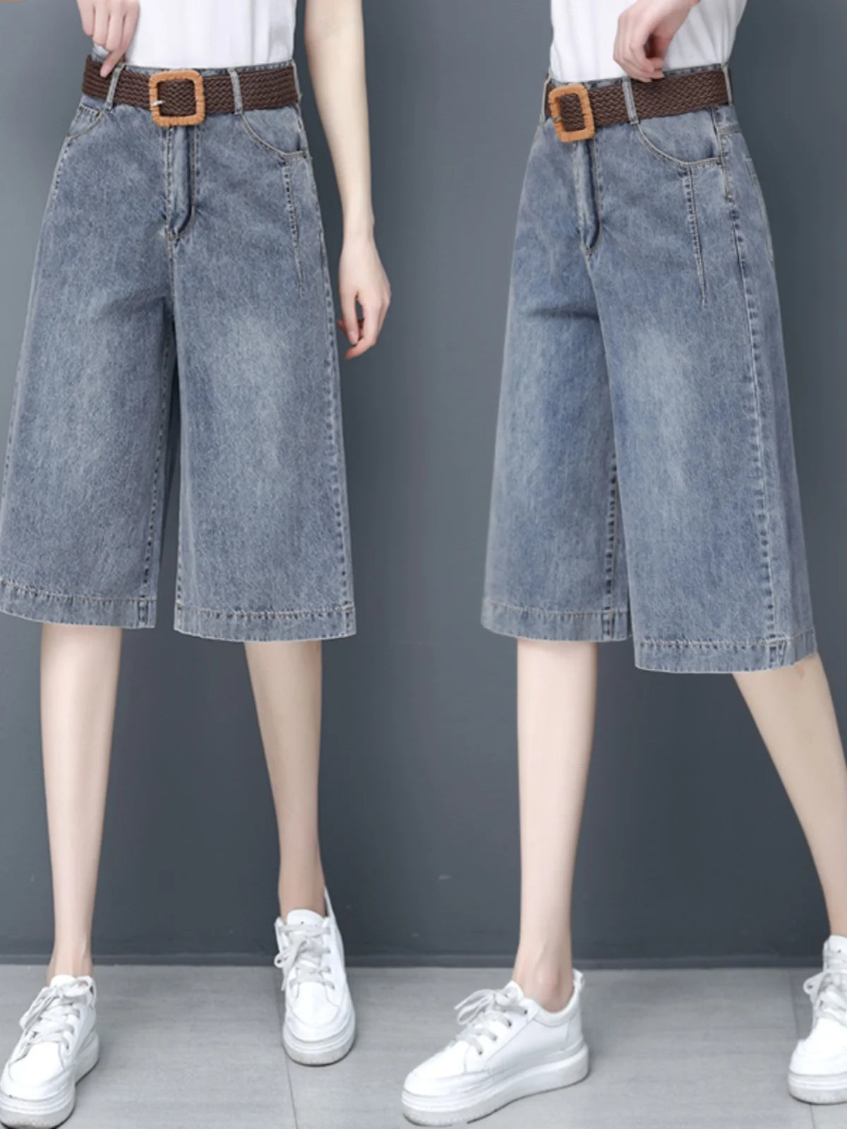 Plones vaqueros de pierna ancha de cintura alta para mujer, novedad de verano, estilo fino, cinco-siete, sueltos, adeaz...