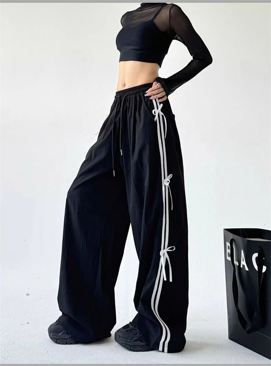 Pantalones de pierna ancha con lazo a rayas laterales Retro para mujer, pantalones deportivos informales de cintura alta, pantalones Cargo Harajuku, ropa de calle, Joggers de Hip Hop