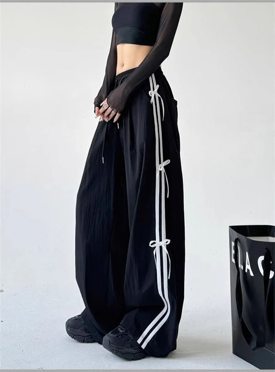 Pantalones de pierna ancha con lazo a rayas laterales Retro para mujer, pantalones deportivos informales de cintura alta, pantalones Cargo Harajuku, ropa de calle, Joggers de Hip Hop