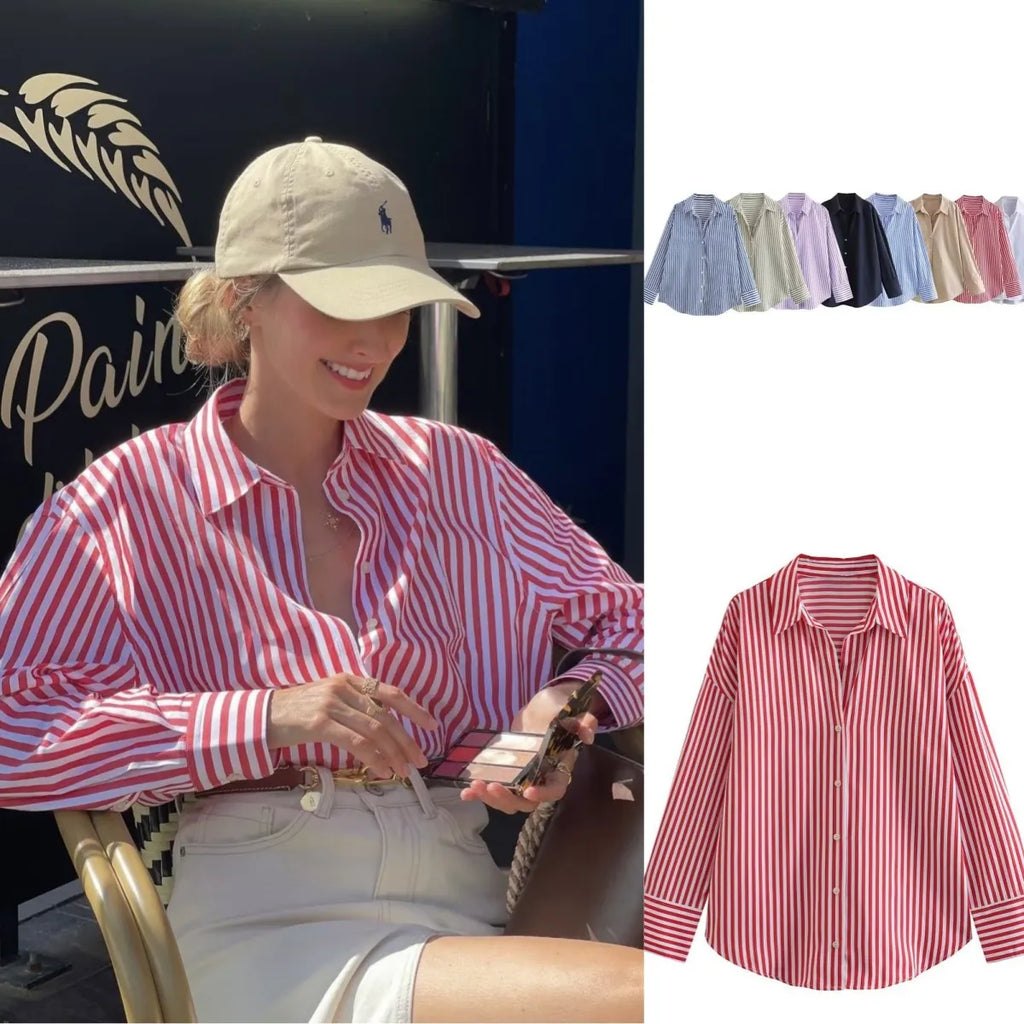 ETJ 2025 primavera de las mujeres nueva moda europea-americana rayas de manga larga solapa versión suelta camisa de popelina selección multicolor YUNO STUDIOS