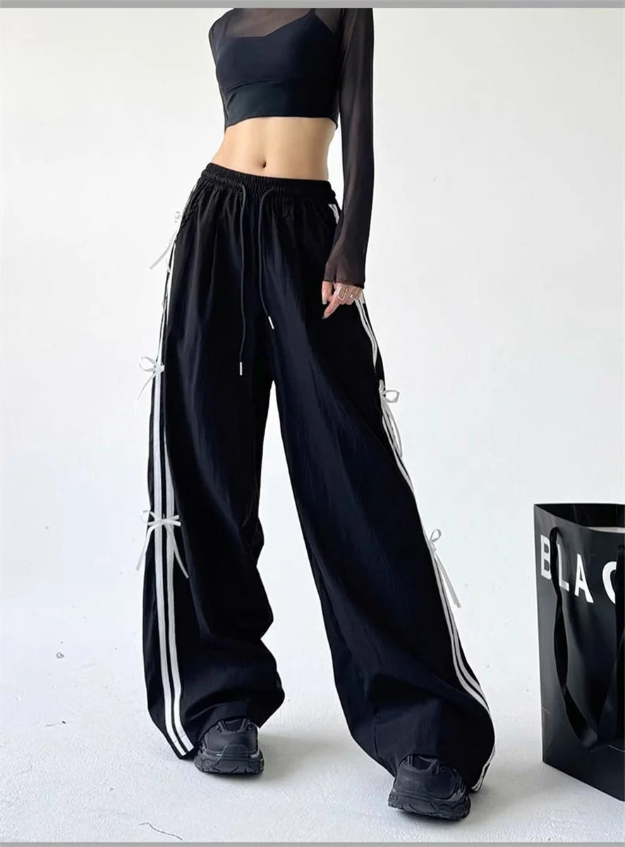 Pantalones de pierna ancha con lazo a rayas laterales Retro para mujer, pantalones deportivos informales de cintura alta, pantalones Cargo Harajuku, ropa de calle, Joggers de Hip Hop