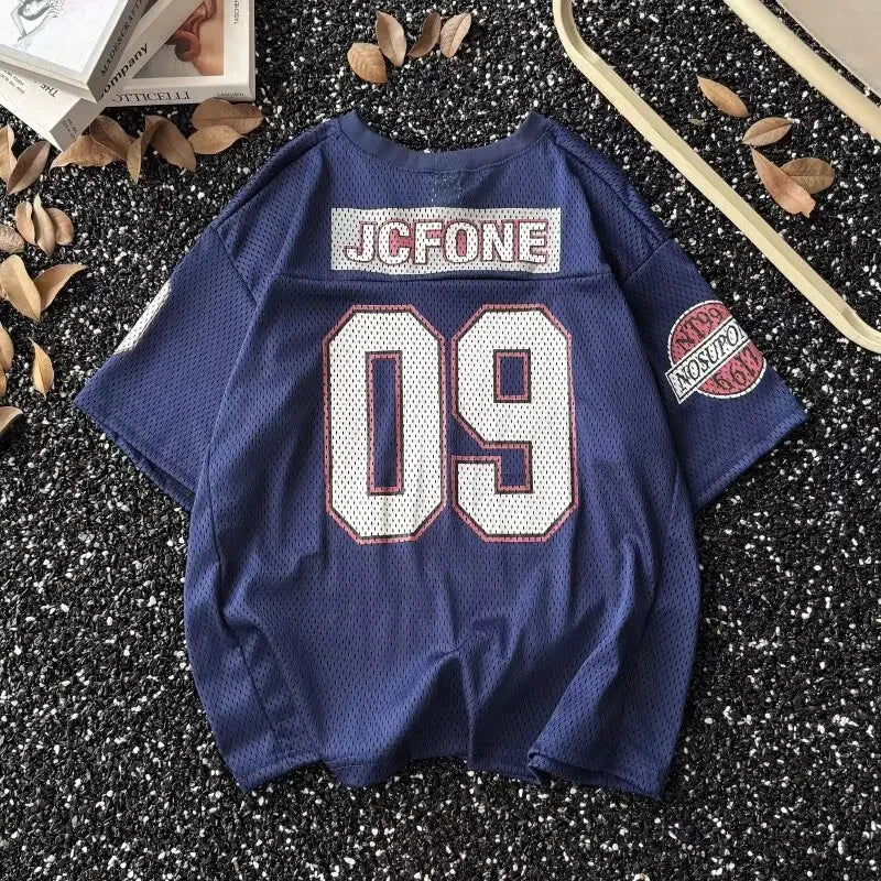 Camiseta de béisbol de manga corta con cuello en V de estilo americano, Top Retro deportivo holgado de verano para hombres y mujeres