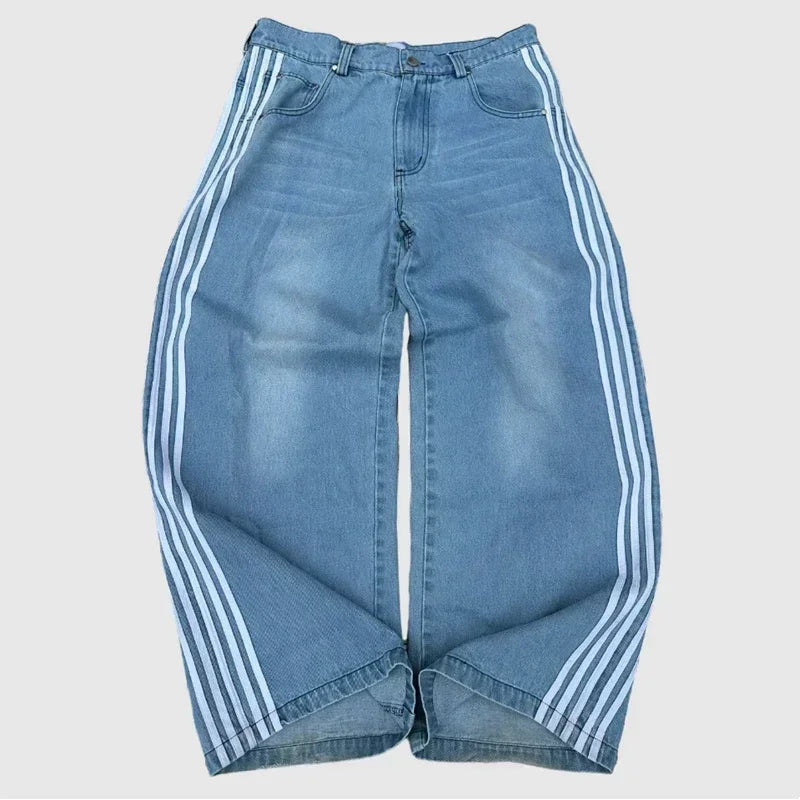 Pantalones vaqueros holgados Y2K de alta calidad, pantalones de chándal Harajuku bordados a rayas, ropa informal estilo Hip Hop para hombres y mujeres, pantalones vaqueros de pierna ancha informales