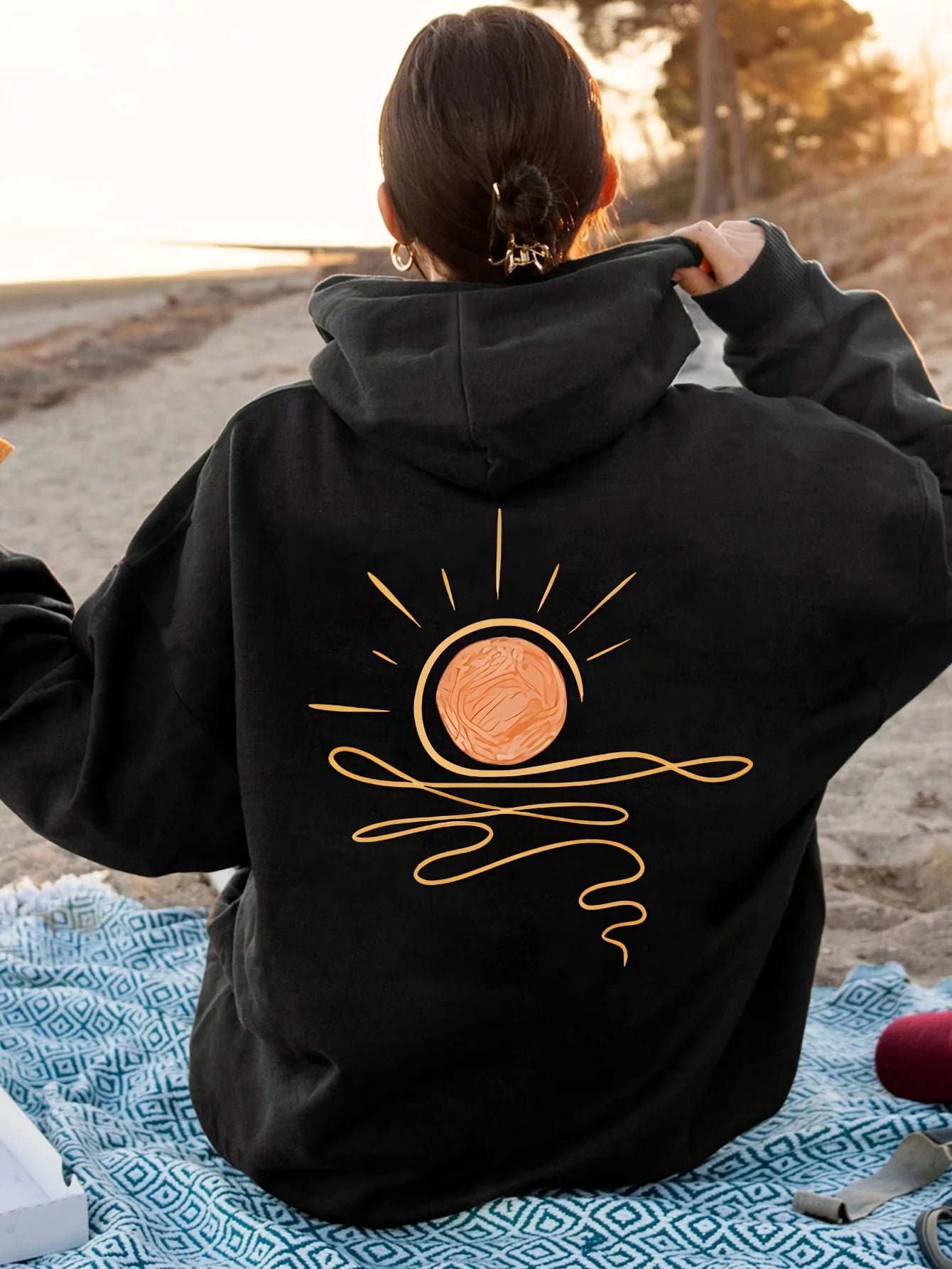 Sudadera con capucha para mujer con diseño de sol en ascenso impreso 2025, nueva ropa informal de manga larga con capucha para otoño e invierno
