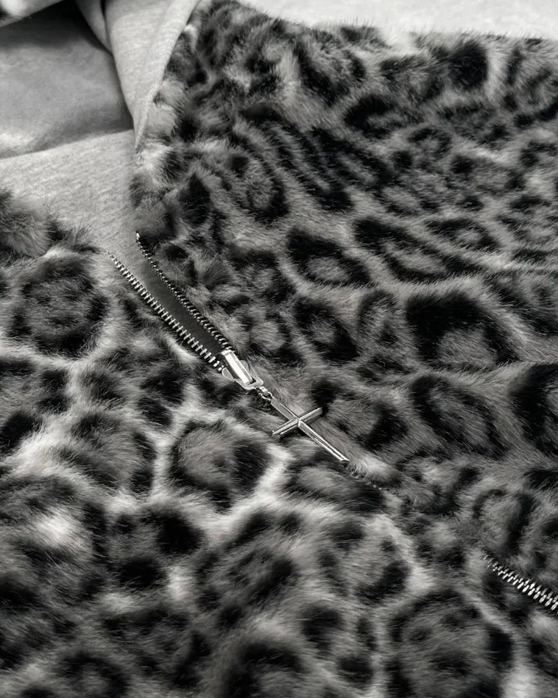 Nueva ropa de dos caras Harajuku Retro estampado de leopardo moda suelta cremallera Sudadera con capucha hombres calle Hip-hop Casual sudadera mujeres YUNO STUDIOS