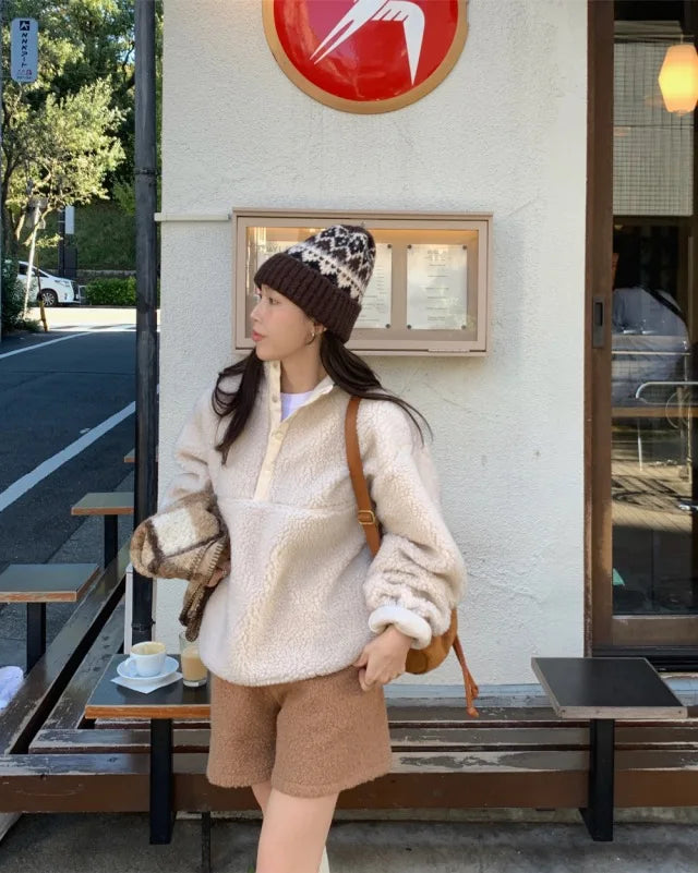 Suda de Terciopelo de Cordero para Mujer, Estilo Hoado y Casual, Cuello Alto, Abrigo Cálido de Manga Larga, Versión Cor... YUNO STUDIOS