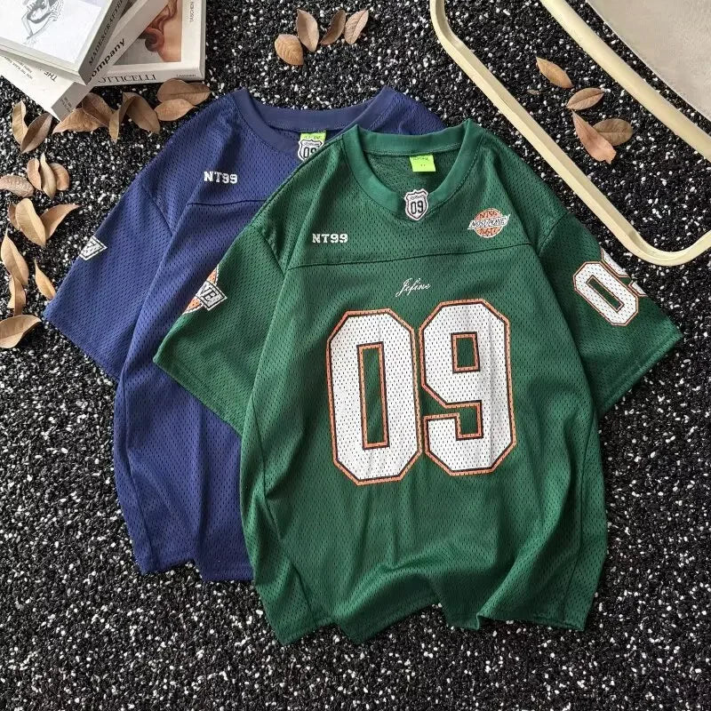 Camiseta de béisbol de manga corta con cuello en V de estilo americano, Top Retro deportivo holgado de verano para hombres y mujeres