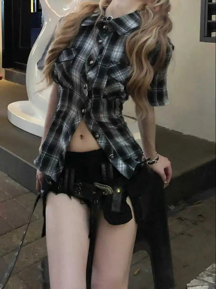 Verano Mujer Goblin Core Gyaru Coquette pantalones cortos vaqueros de tiro bajo con cinturón japonés Harajuku Jean pantalones calientes Academia oscura Kpop Y2k