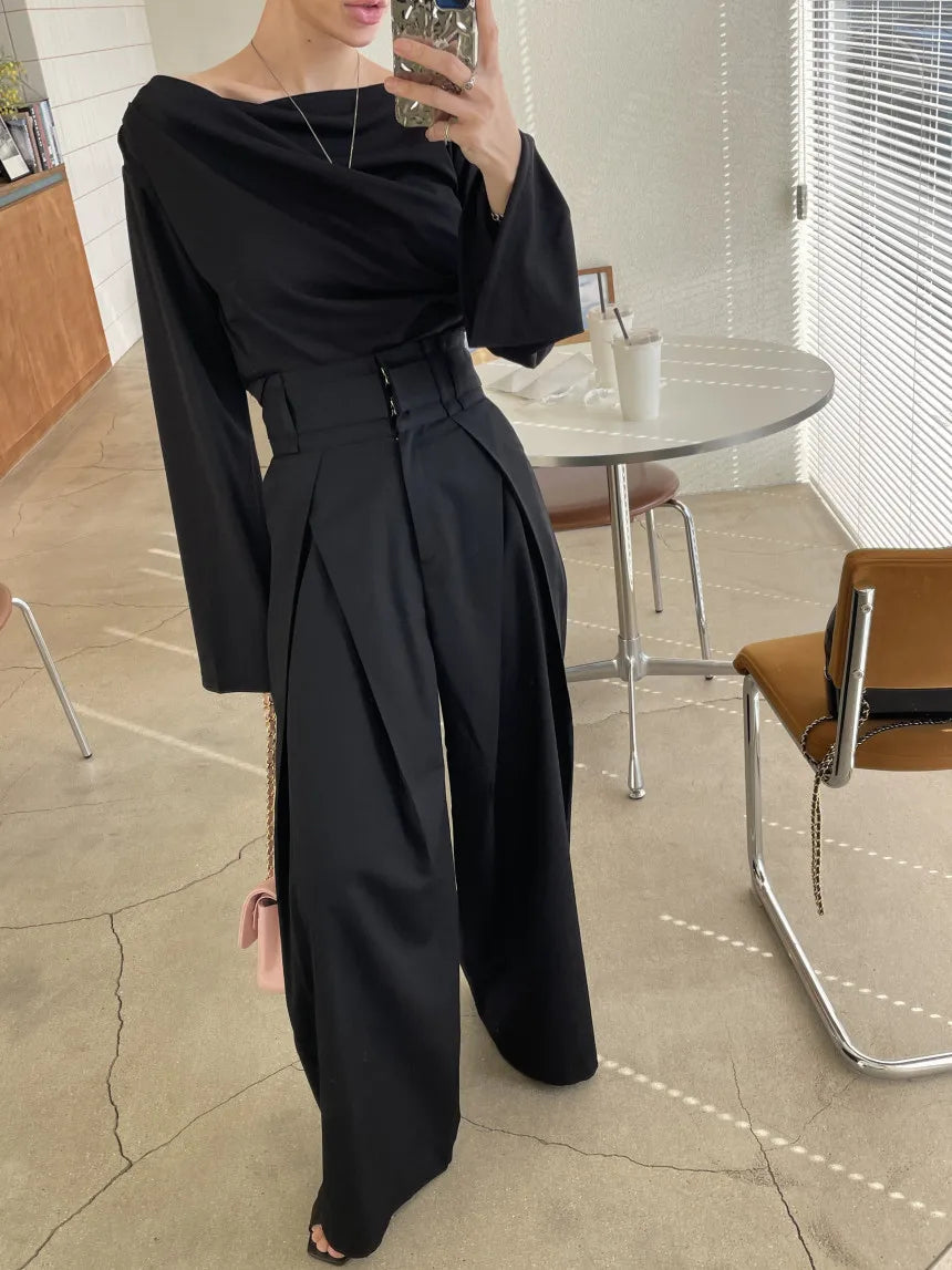 Pantalones largos para mujer, pantalón de pierna ancha, liso, informal, Regular, suelto, Simple, elegante, empalme, Capris ajustados de cintura alta, pantalones de otoño