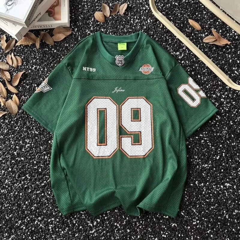 Camiseta de béisbol de manga corta con cuello en V de estilo americano, Top Retro deportivo holgado de verano para hombres y mujeres