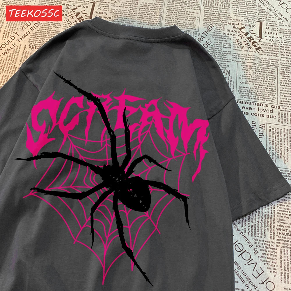 Camisetas informales de algodón para mujer, Tops con estampado de telarañas y grito, ropa femenina de moda de manga corta suave con cuello redondo de gran tamaño YUNO STUDIOS