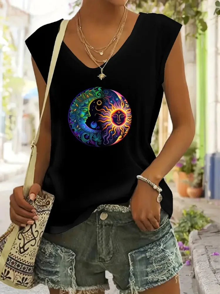 2025 nuevo chaleco sin mangas para mujer con tótem Retro Para sol y luna estampado verano calle Casual moda S-5XL