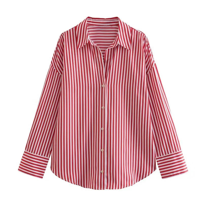 ETJ 2025 primavera de las mujeres nueva moda europea-americana rayas de manga larga solapa versión suelta camisa de popelina selección multicolor