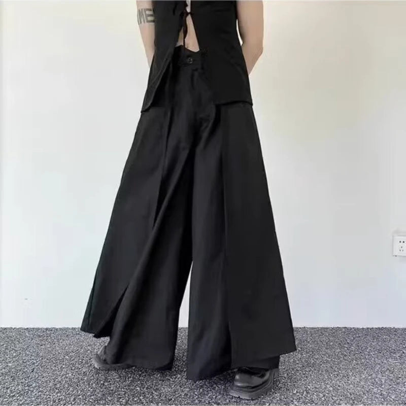 Pantalones japoneses en capas de vanguardista para hombre, pantalones Hakama Y2k de pierna ancha, ropa de calle estética oscura, ropa de gran tamaño