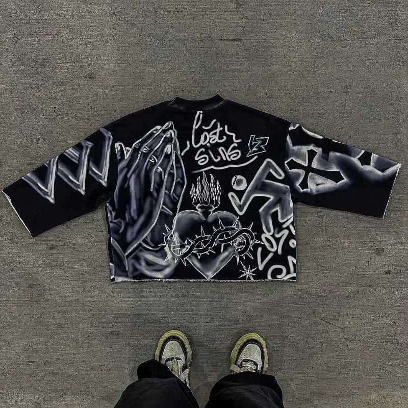 Nueva sudadera retro americana de calle hip-hop de gran tamaño con estampado de manga larga para hombres Y2k Harajuku moda casual suelta pareja sudadera YUNO STUDIOS