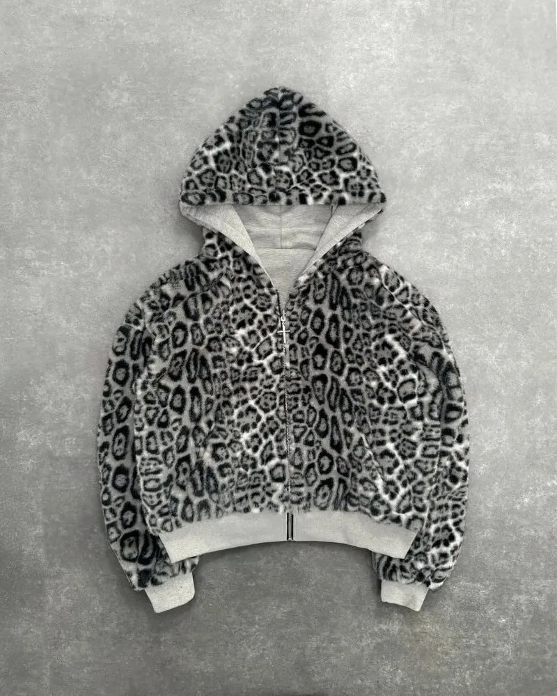 Nueva ropa de dos caras Harajuku Retro estampado de leopardo moda suelta cremallera Sudadera con capucha hombres calle Hip-hop Casual sudadera mujeres
