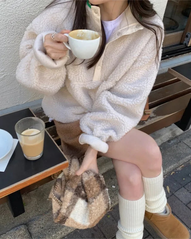 Suda de Terciopelo de Cordero para Mujer, Estilo Hoado y Casual, Cuello Alto, Abrigo Cálido de Manga Larga, Versión Cor... YUNO STUDIOS