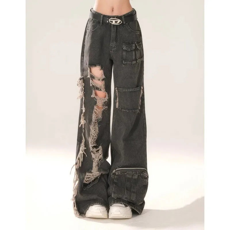 Pantalones vaqueros negros rasgados de cintura alta para mujer estilo Hip-hop moda Vintage ropa de calle Y2K pantalones vaqueros de pierna ancha pantalones vaqueros holgados