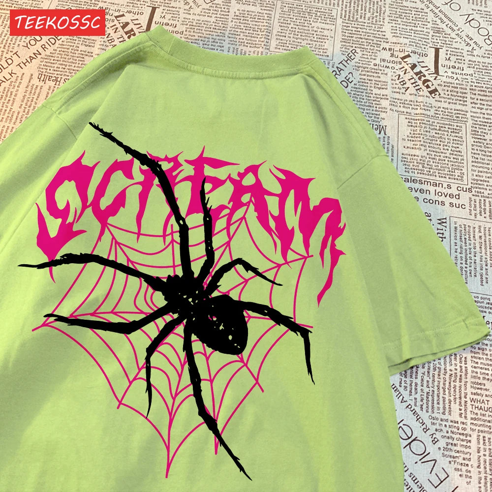 Camisetas informales de algodón para mujer, Tops con estampado de telarañas y grito, ropa femenina de moda de manga corta suave con cuello redondo de gran tamaño