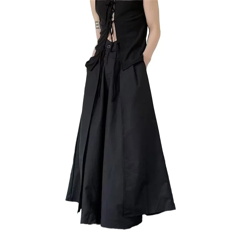 Pantalones japoneses en capas de vanguardista para hombre, pantalones Hakama Y2k de pierna ancha, ropa de calle estética oscura, ropa de gran tamaño YUNO STUDIOS