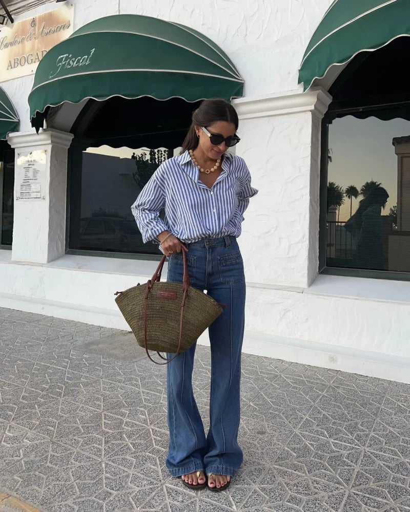 ETJ 2025 primavera de las mujeres nueva moda europea-americana rayas de manga larga solapa versión suelta camisa de popelina selección multicolor