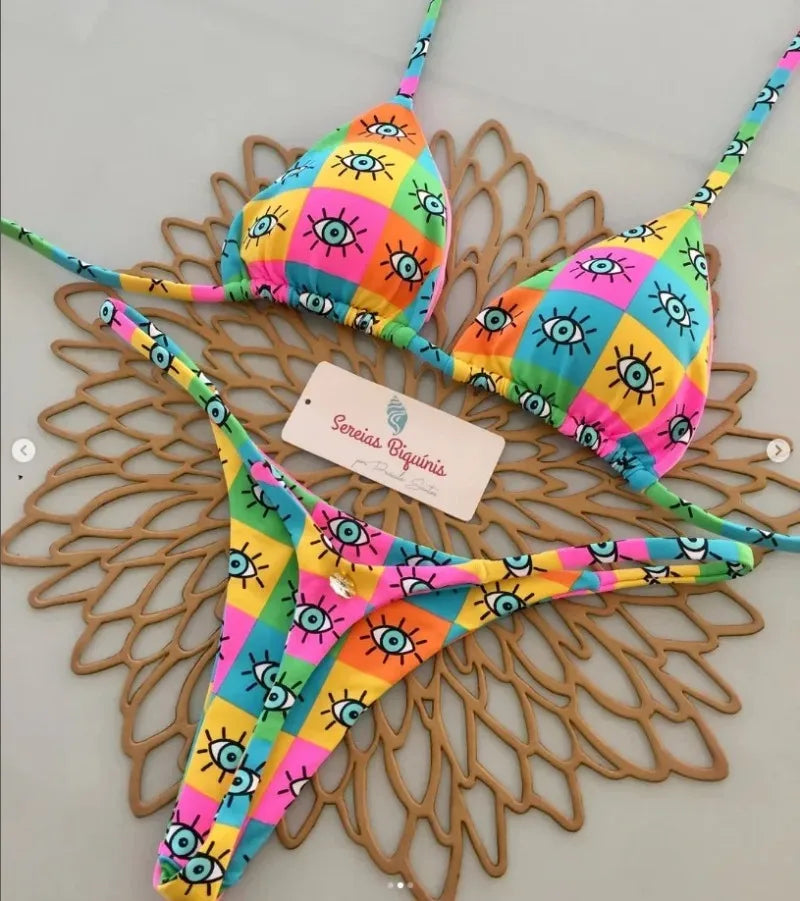 Conjuntos de Bikini sexys con estampado, Tops con cordones y cuello Halter, tangas, traje de baño estilo playero Y2k, trajes de baño para mujer, ropa de playa Куshenльник Ж Salahdhe 2025 YUNO STUDIOS